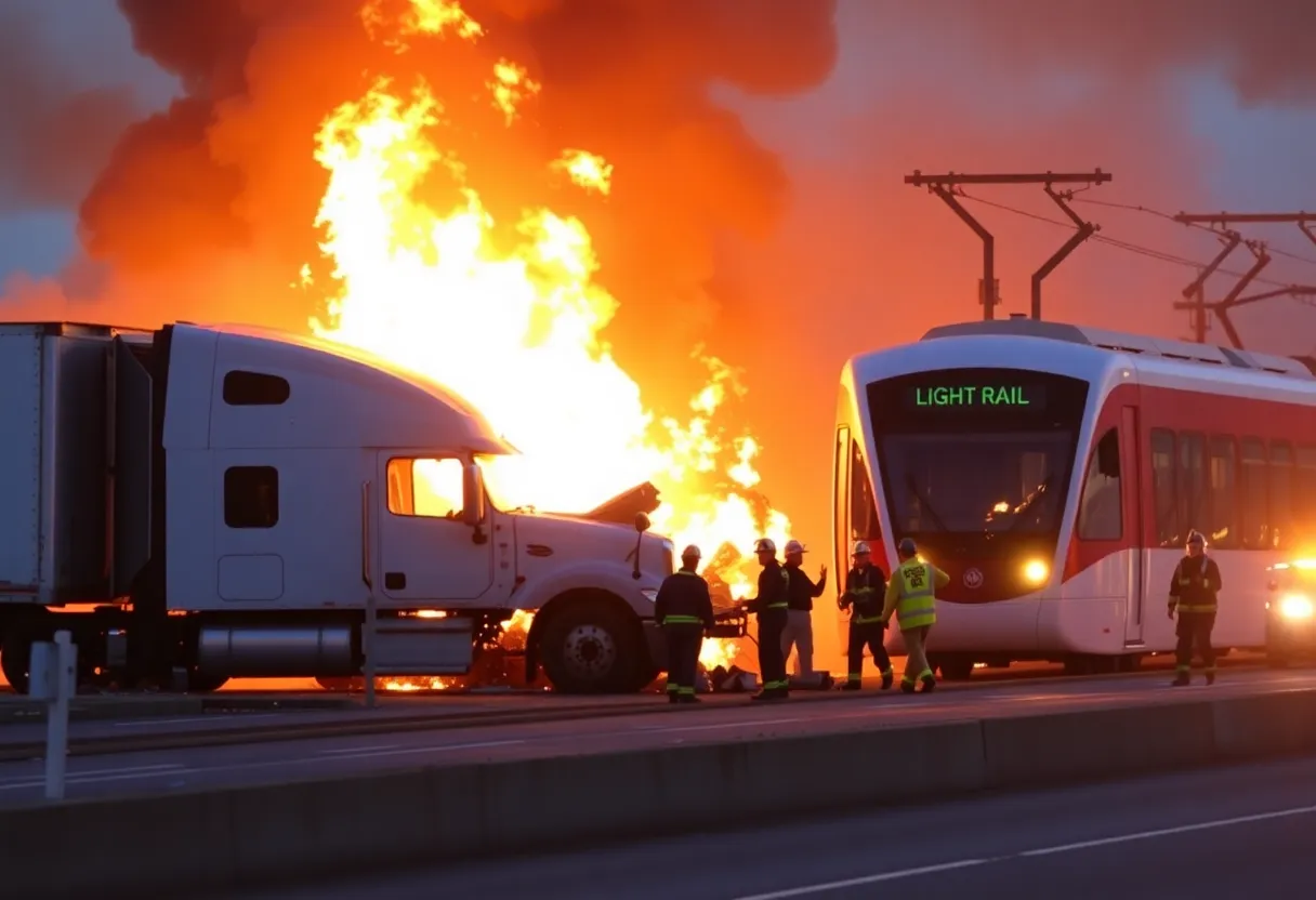 Scene of a tractor-trailer and light rail train accident in Phoenix with fire and emergency response.