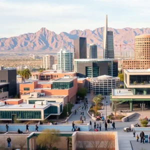 Skyline view of Phoenix Arizona with desert surroundings.