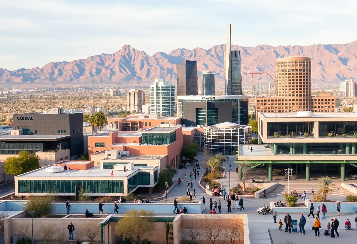 Skyline view of Phoenix Arizona with desert surroundings.