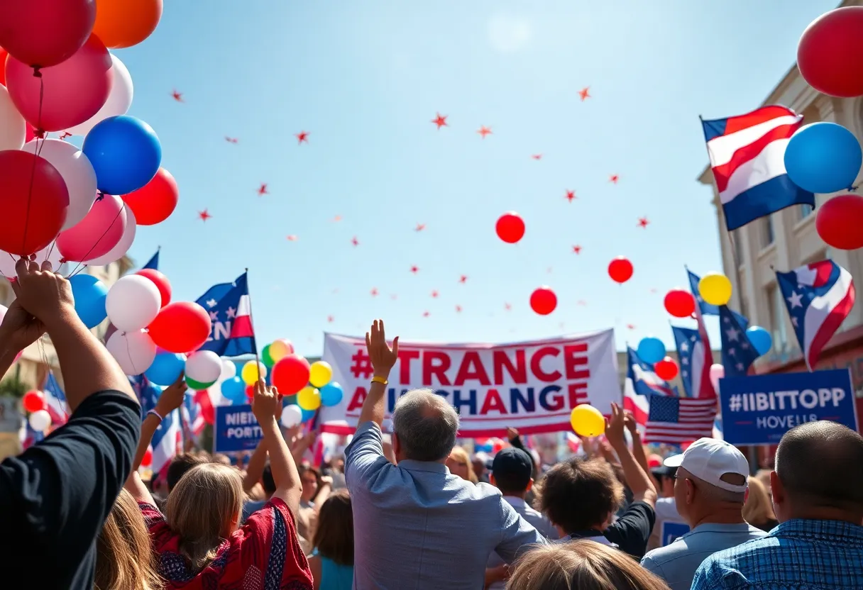 Crowd celebrating a political victory with banners and balloons