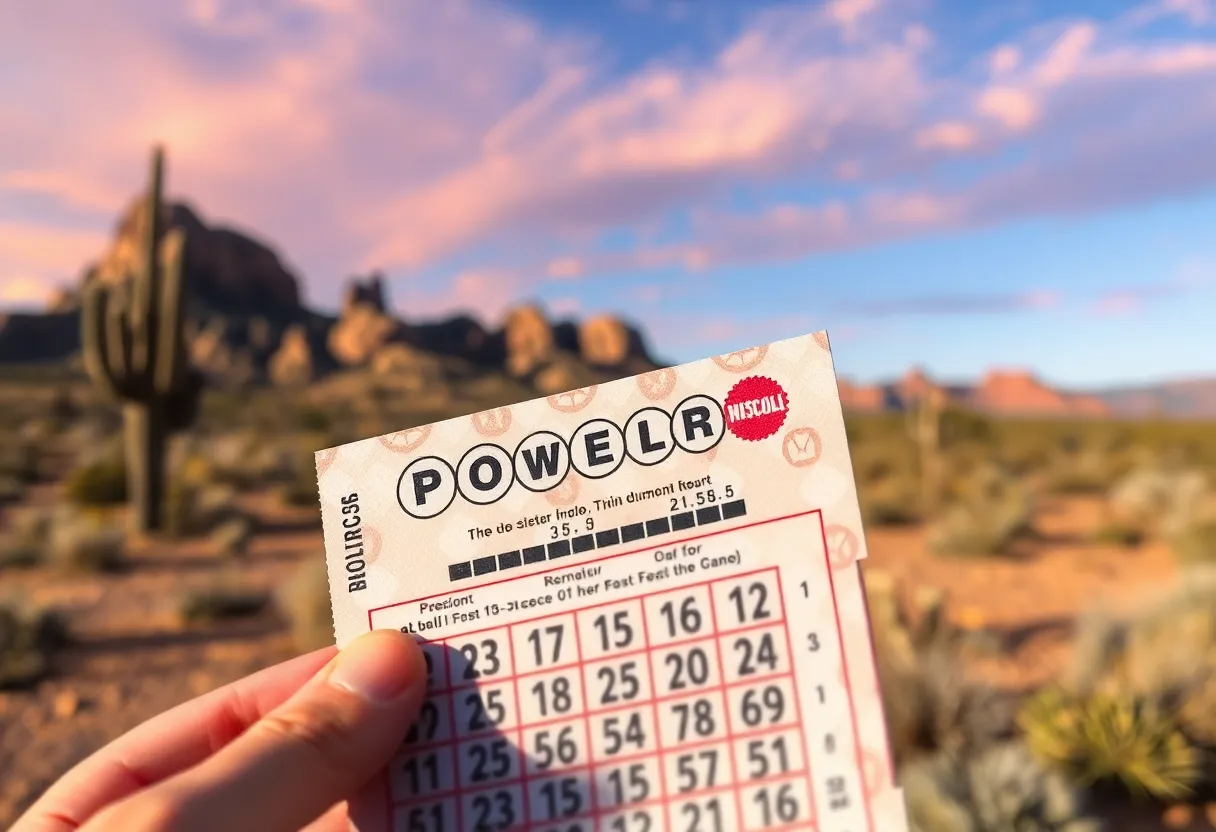 Powerball lottery ticket on Arizona desert background
