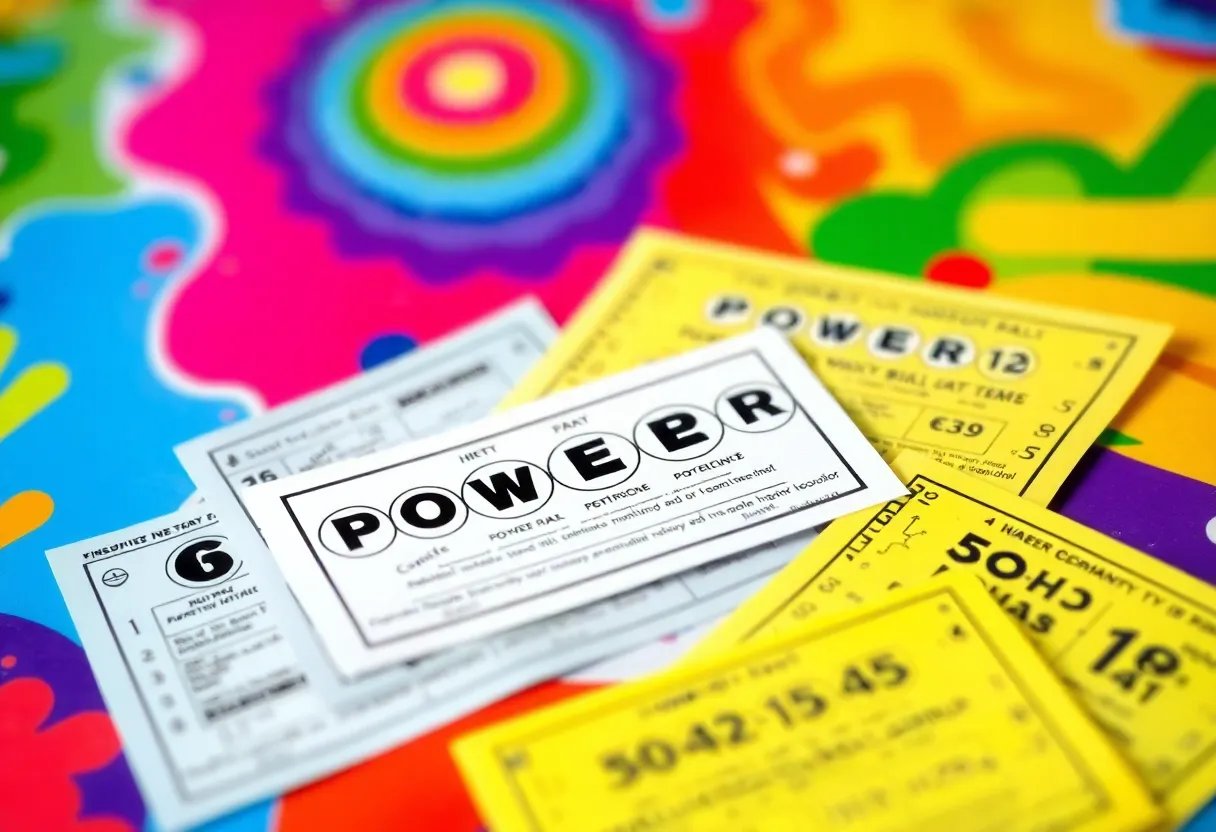 Colorful Powerball lottery tickets on a table