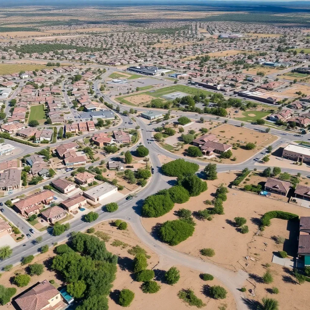 Aerial view of residential neighborhoods and outdoor spaces in Queen Creek, Arizona