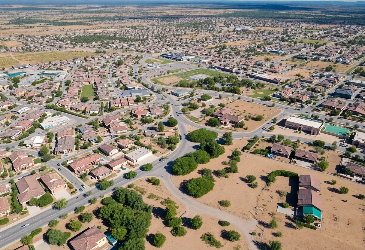 Aerial view of residential neighborhoods and outdoor spaces in Queen Creek, Arizona