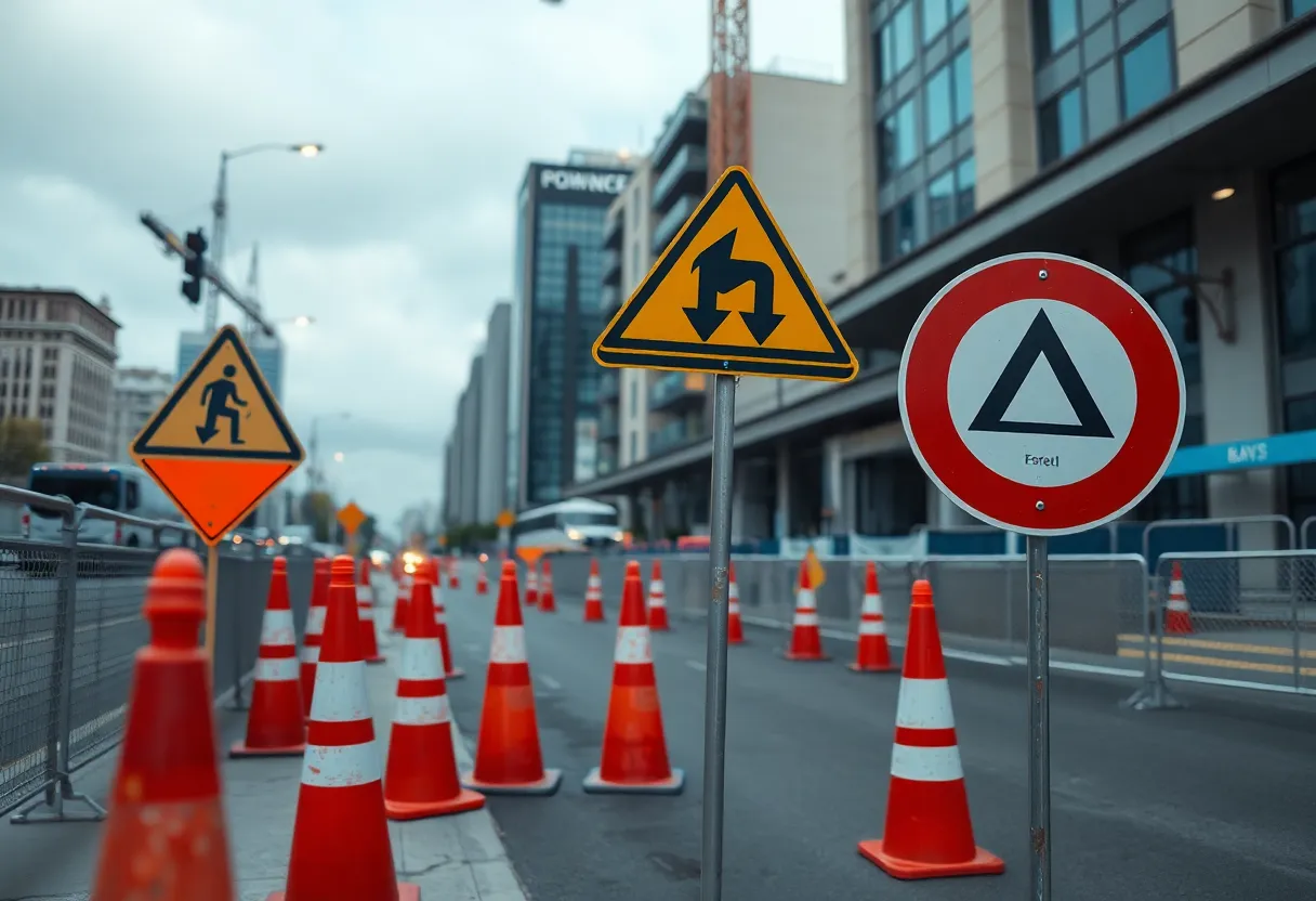 Construction zone with warning signs and traffic cones