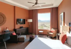 Luxurious guest room in Kimpton Hotel Palomar Phoenix featuring modern decor and warm colors