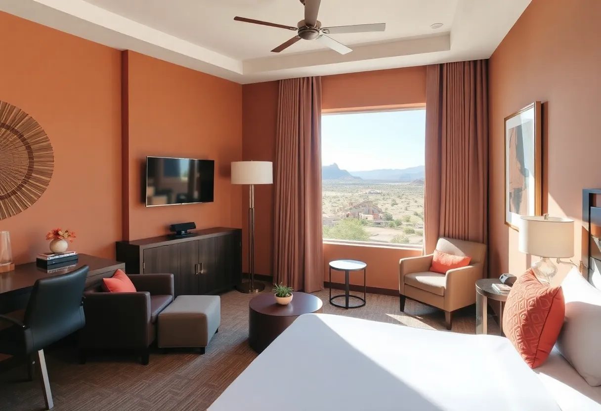 Luxurious guest room in Kimpton Hotel Palomar Phoenix featuring modern decor and warm colors