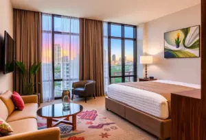 Luxurious renovated hotel room with modern decor