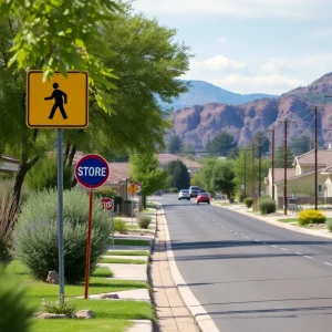 A suburban street in Rimrock, Arizona, highlighting safety for pedestrians.