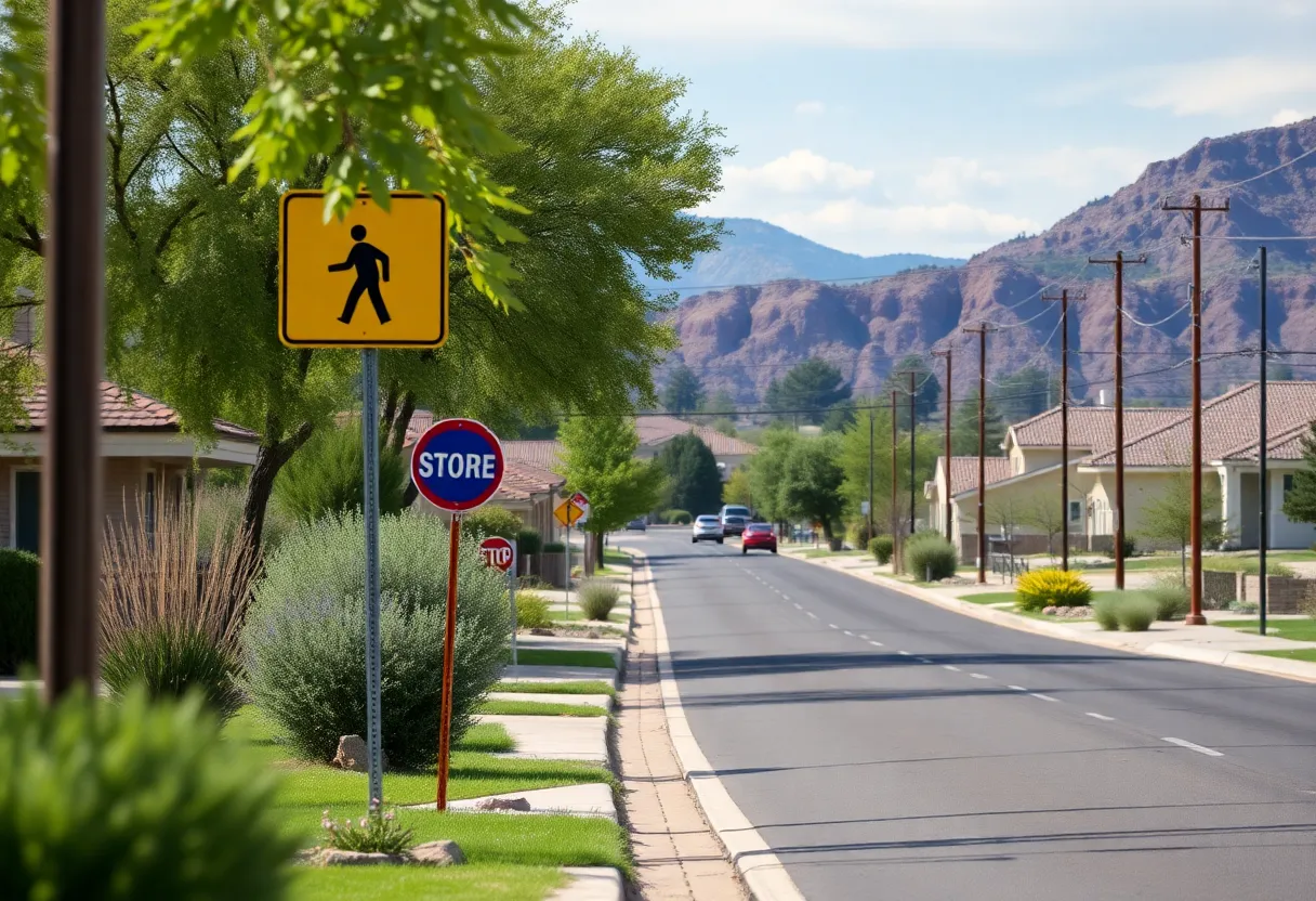 A suburban street in Rimrock, Arizona, highlighting safety for pedestrians.