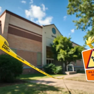 Warning sign on Roxbury Elementary School regarding asbestos concerns.