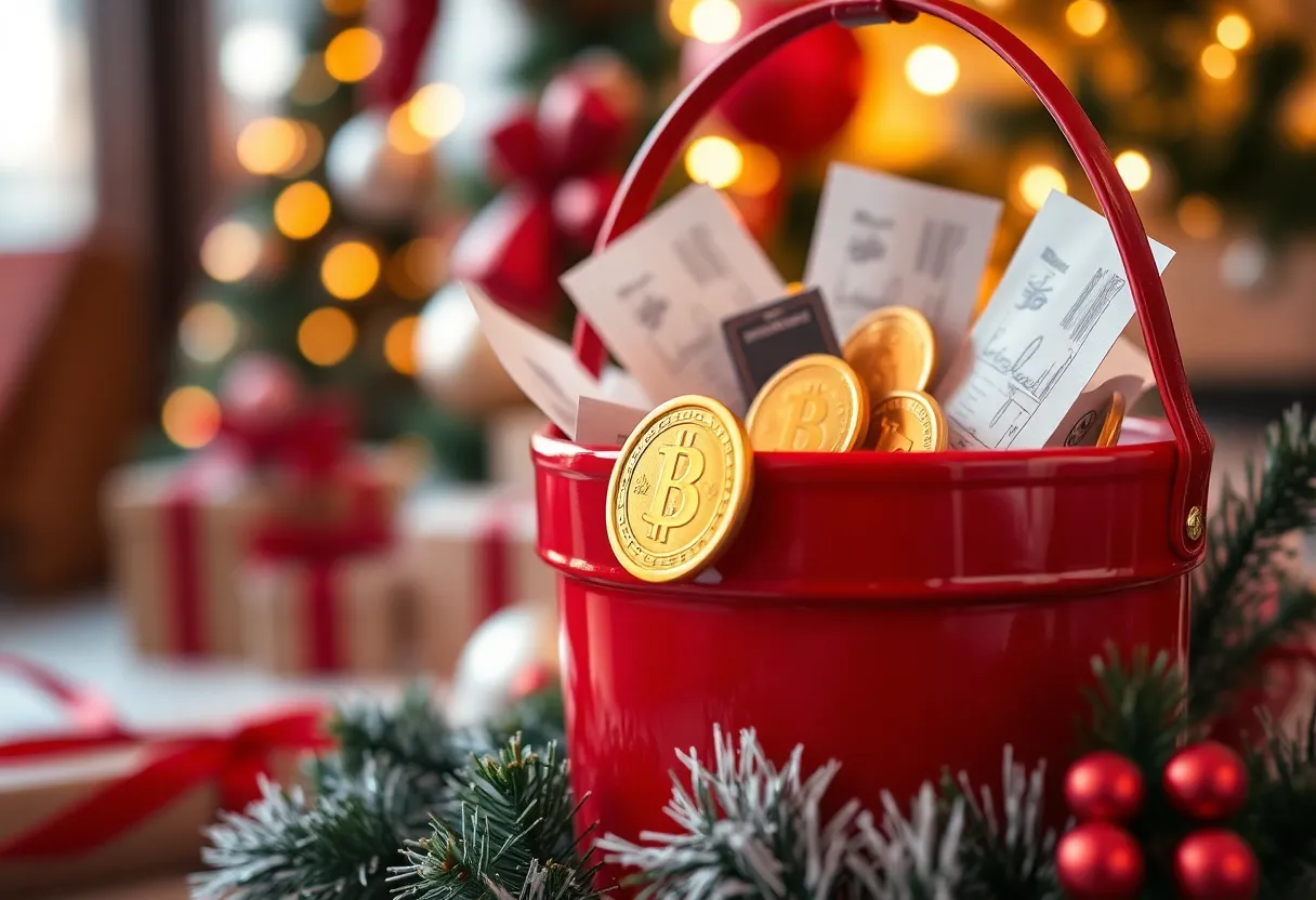 Red kettle with donations and a gold coin for Salvation Army