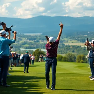 Athlete celebrating on a golf course after a tournament win.