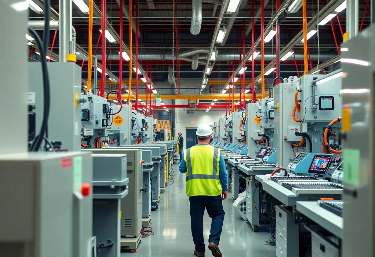 Seamless view of a semiconductor fabrication facility in Arizona with workers and equipment.