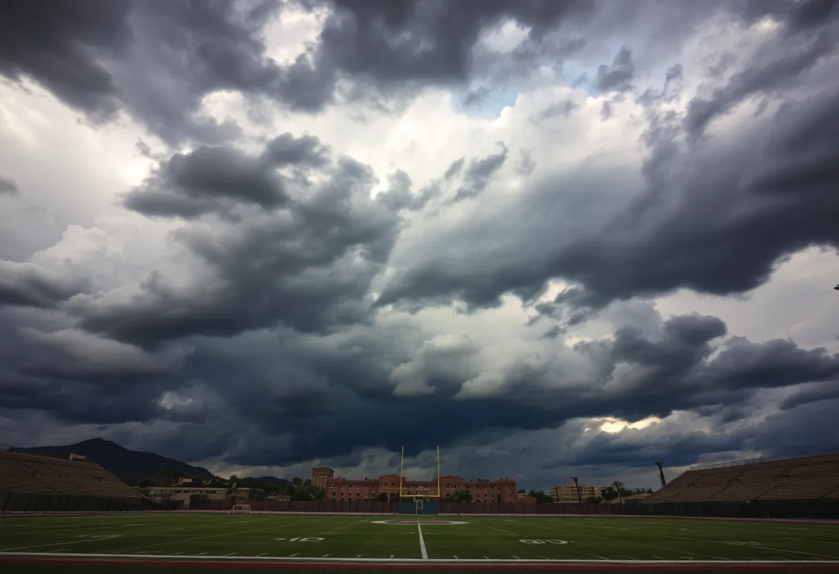 Dark clouds and winds over a football field in Phoenix, AZ