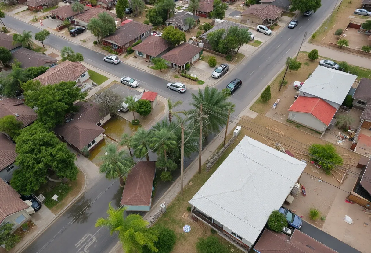 Aerial view of storm damage in Yuma with flooded streets and fallen trees
