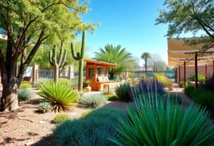 A lush sustainable garden featuring native plants and innovative irrigation in a Phoenix desert climate.