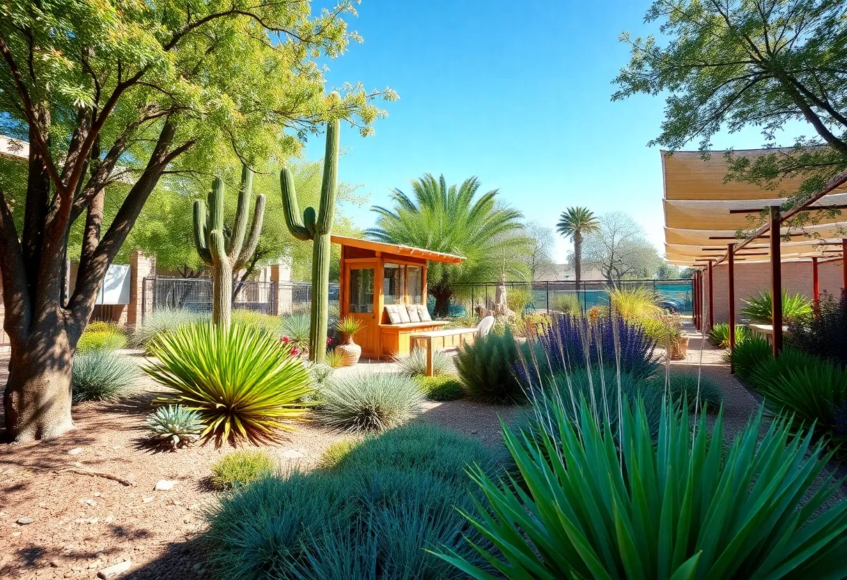 A lush sustainable garden featuring native plants and innovative irrigation in a Phoenix desert climate.