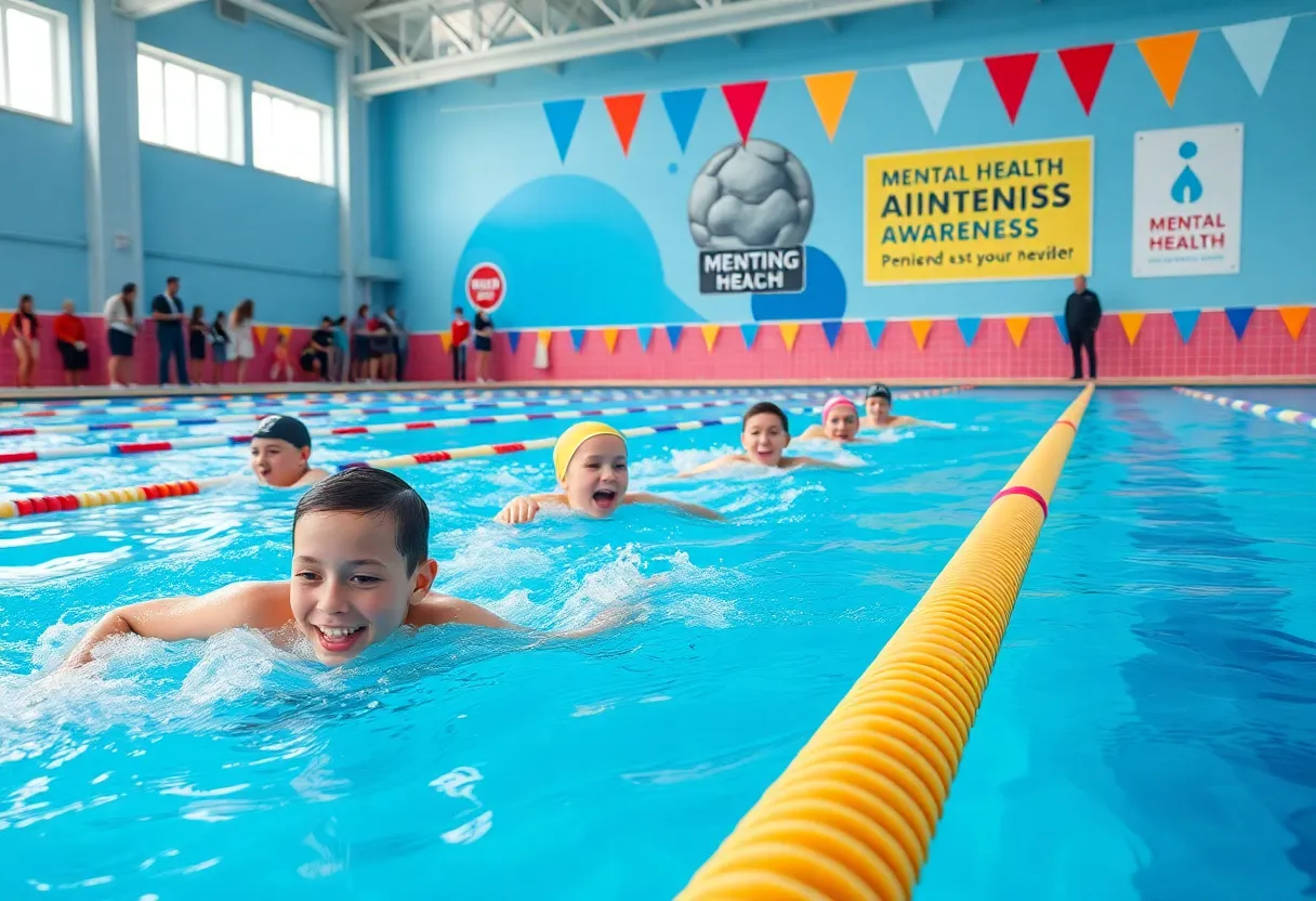 Young swimmers competing in a relay at Xavier College Prep's Swim for the Light event promoting mental health awareness.