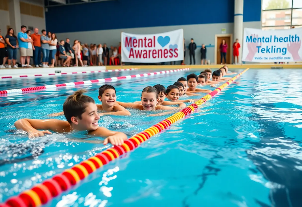 Students swimming in a relay race for mental health awareness