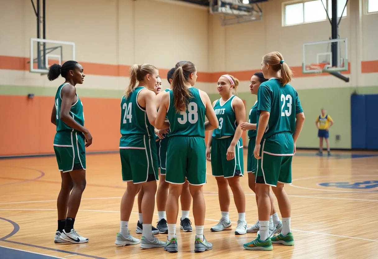Female basketball players demonstrating teamwork on the court