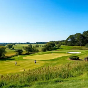 Golf tournament scene featuring players in competition