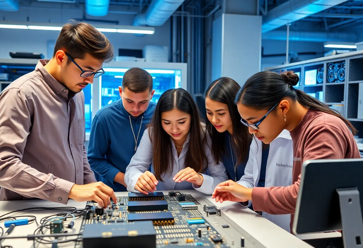 Group of interns collaborating on semiconductor projects in a lab.