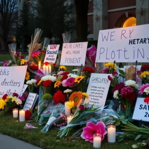 Memorial with flowers and signs for a political activist at a university
