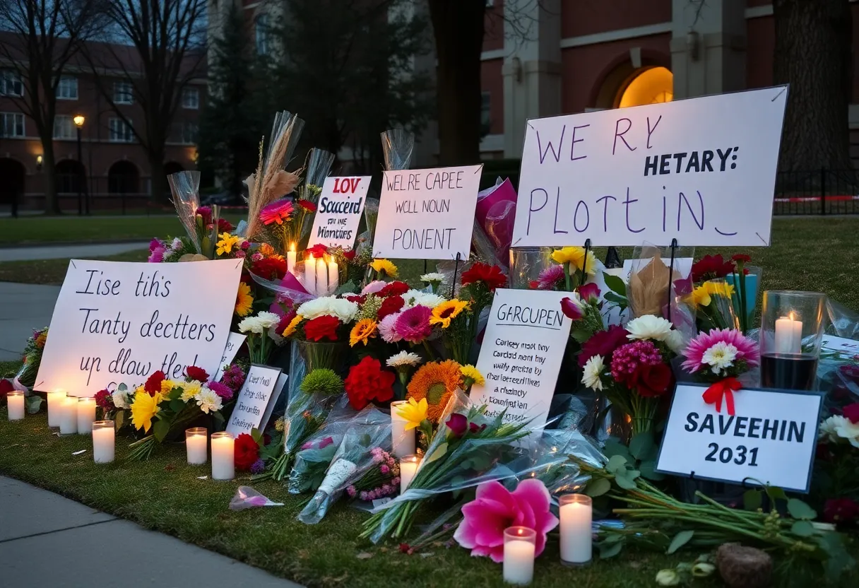Memorial with flowers and signs for a political activist at a university