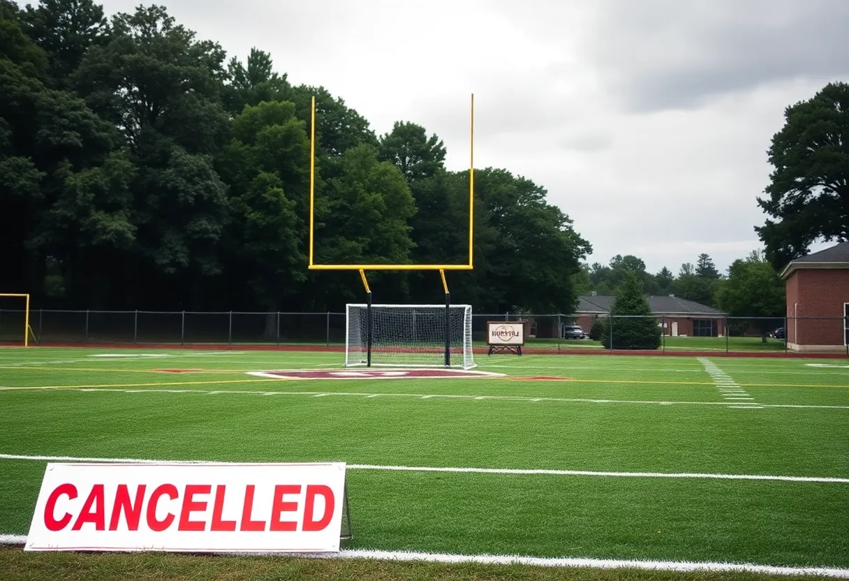Empty football field at Turrentine Middle School with cancellation sign