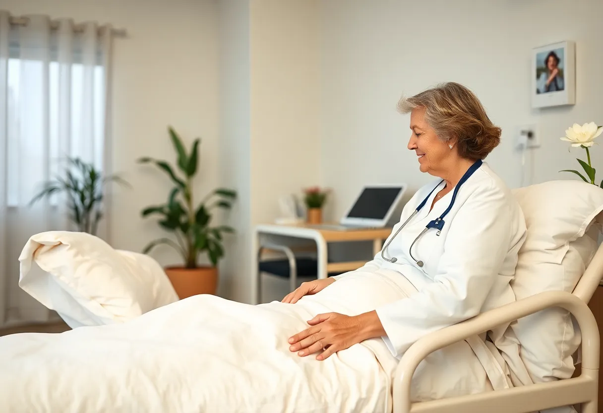 A peaceful hospice care setting with dedicated staff assisting patients.