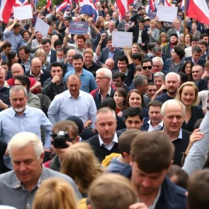 Crowd fleeing a rally after a shooting incident