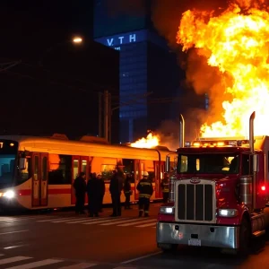 Light rail train and semi-truck on fire after collision