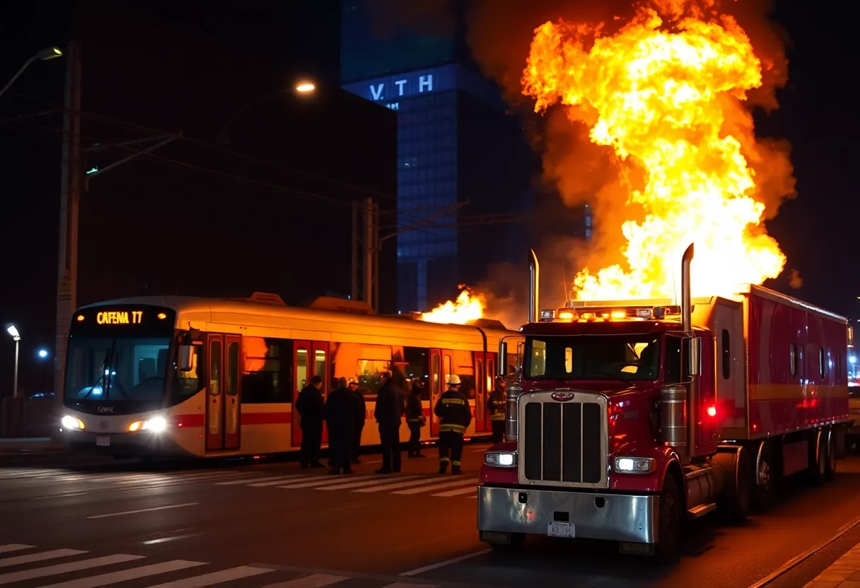 Light rail train and semi-truck on fire after collision