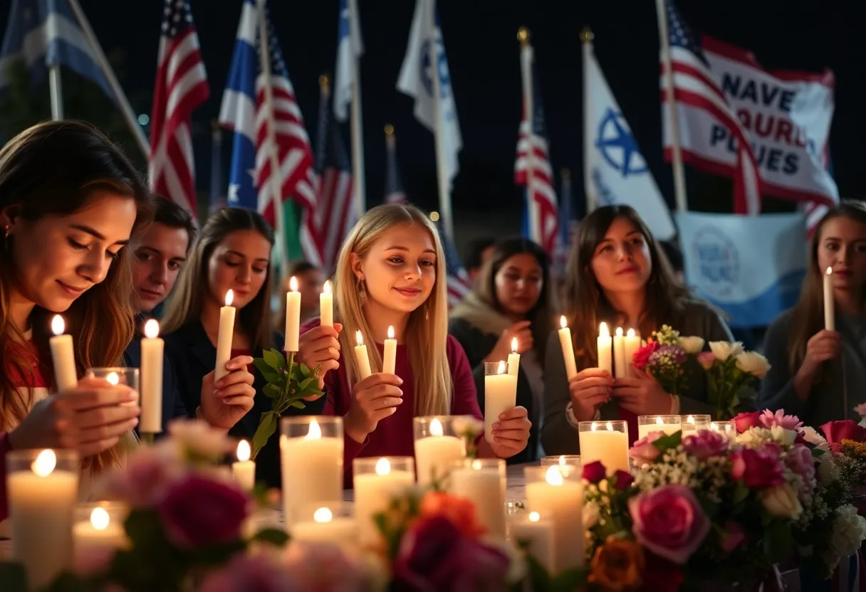 A large group of young people holding candles at a vigil for a political leader.