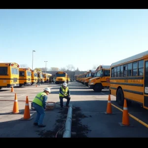Workers repairing a water line in front of a school