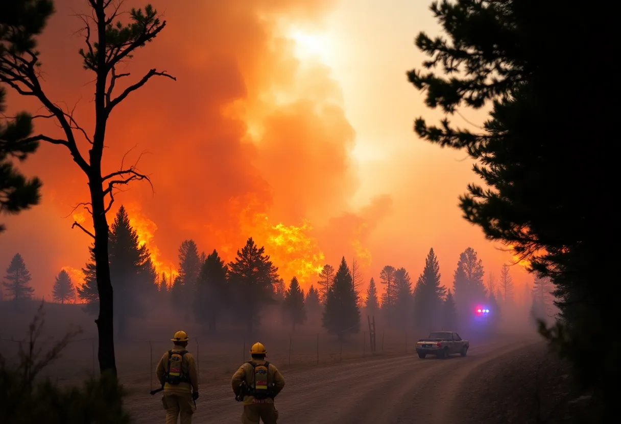 Firefighters battling a wildfire in a dramatic landscape