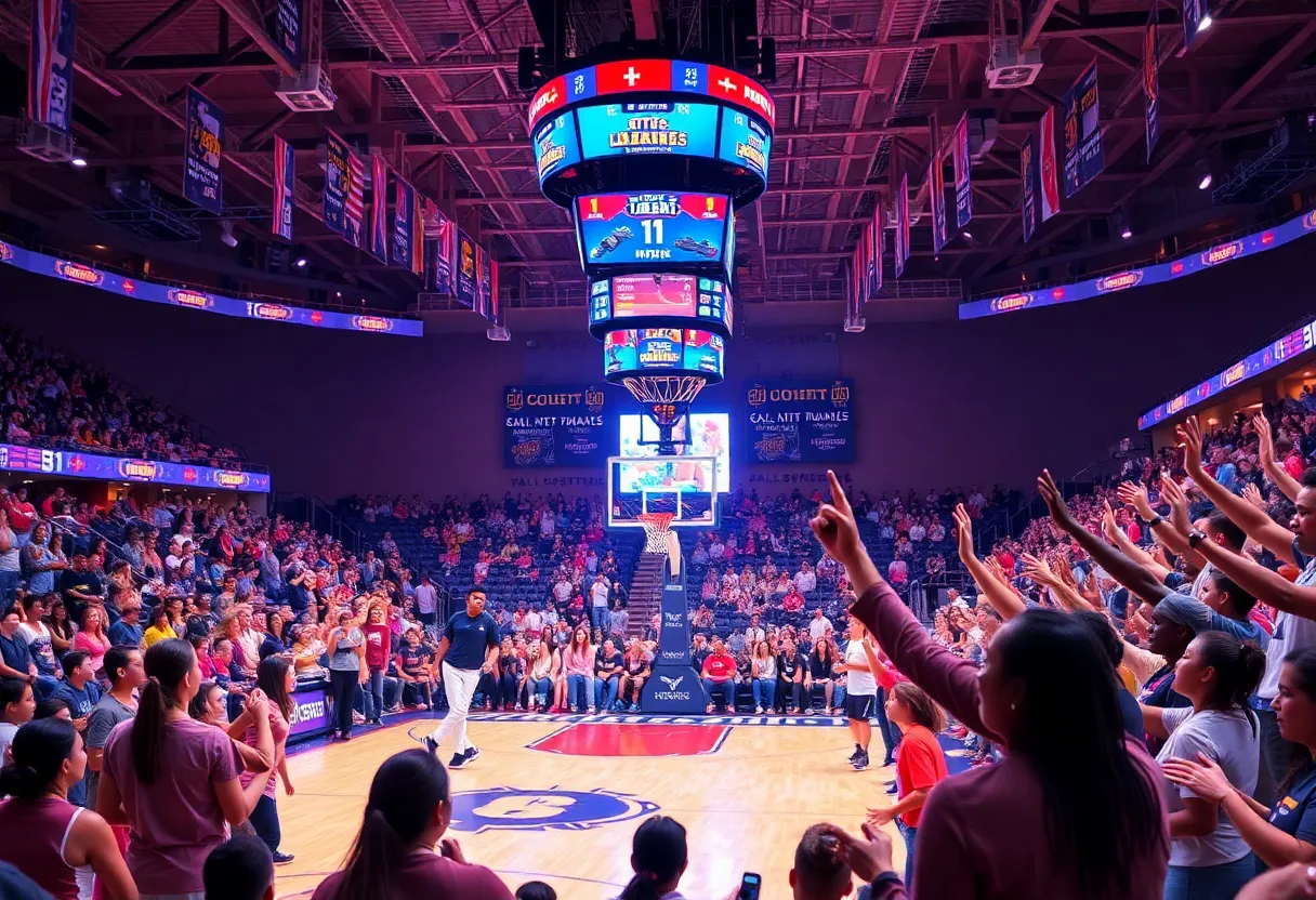 A bustling basketball court during the WNBA All-Star Game with fans celebrating.