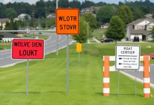 Construction sign indicating road closure on Wolves Den Parkway