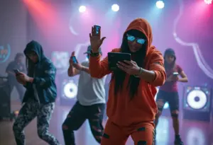 A dynamic scene from Young MC's Kinetic music video with dancers and digital effects.