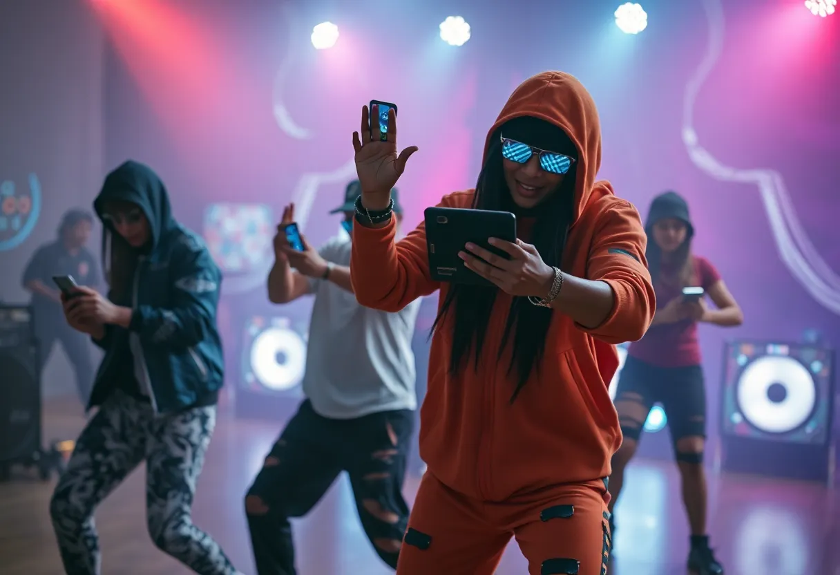 A dynamic scene from Young MC's Kinetic music video with dancers and digital effects.