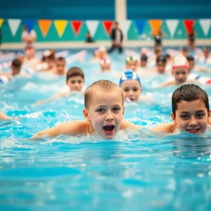 Swimmers competing in a swimming pool