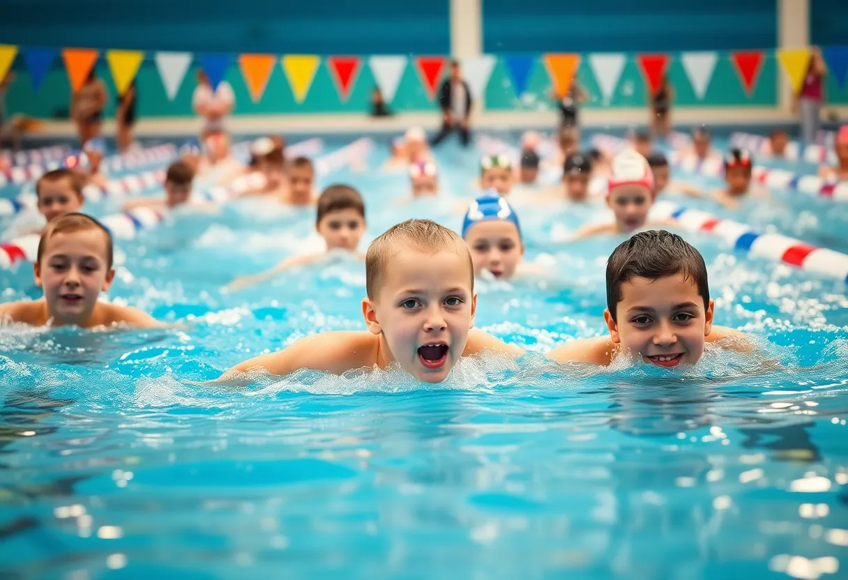Swimmers competing in a swimming pool