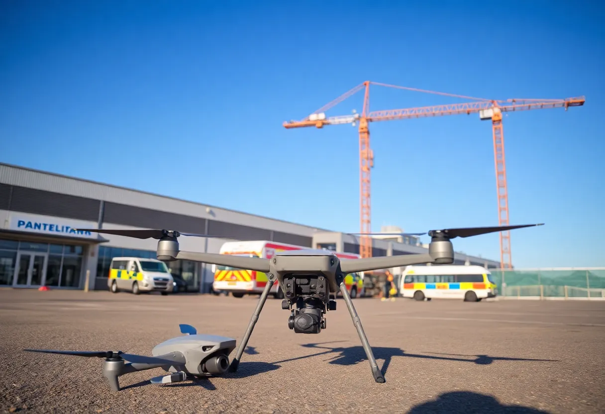 Scene of an Amazon delivery drone on the ground after colliding with a construction crane.