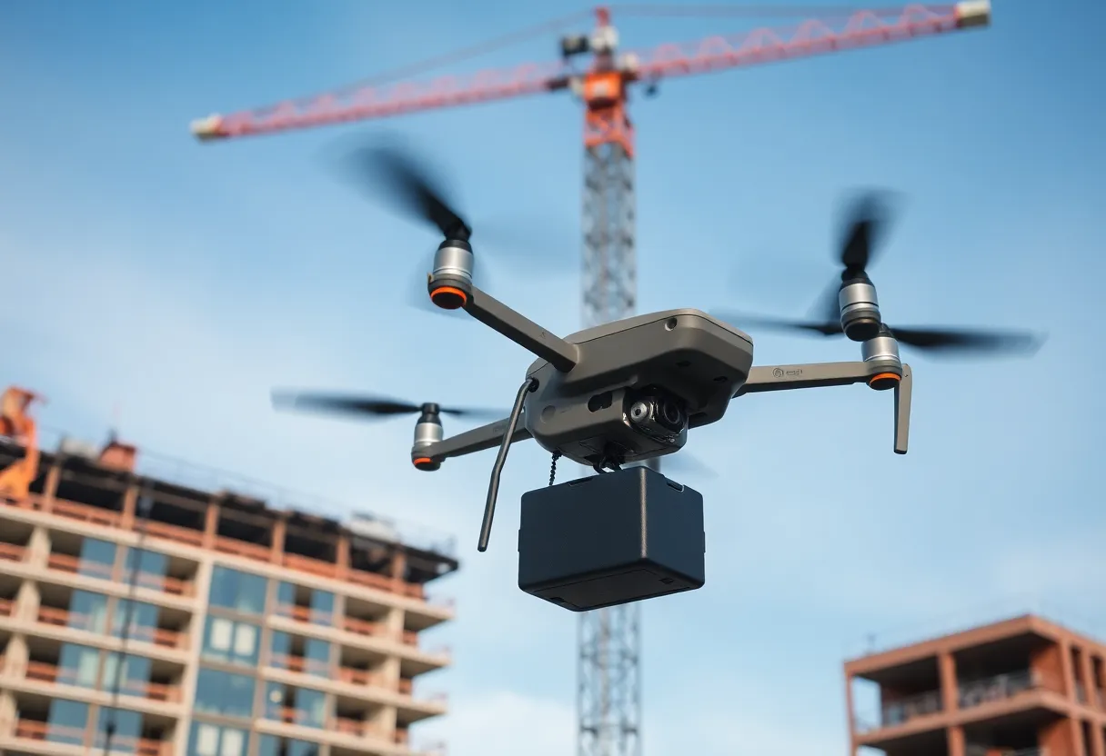 Aerial view of an Amazon delivery drone near a construction site with a crane.