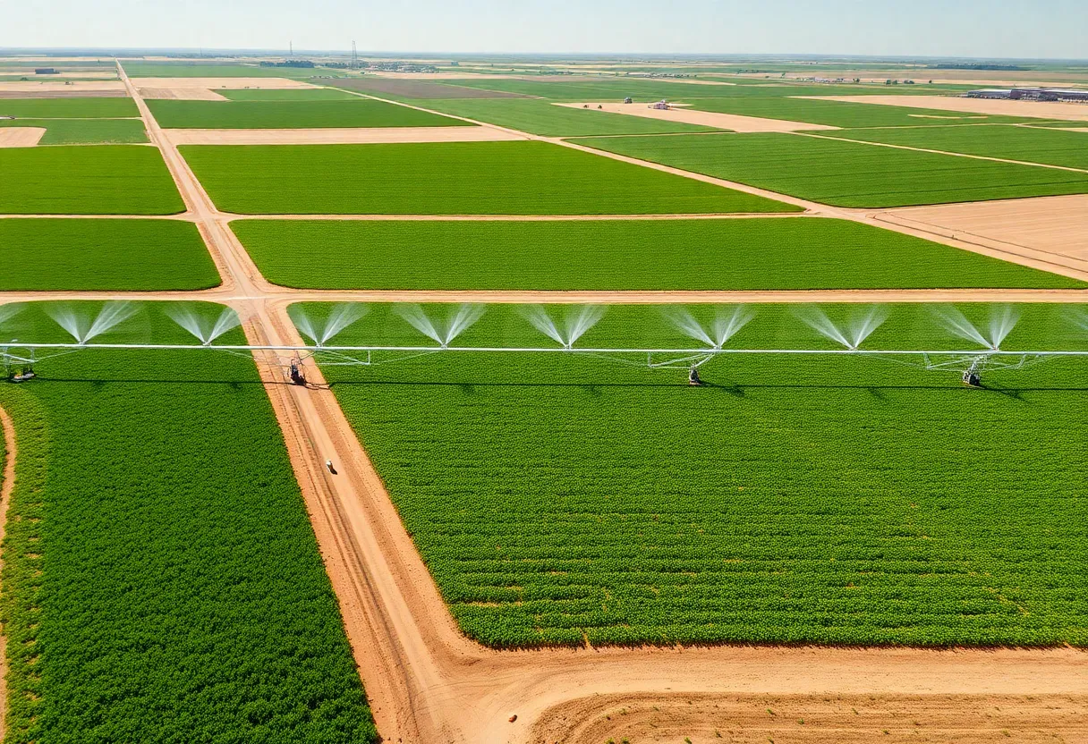 Aerial view of a large alfalfa farm highlighting irrigation systems
