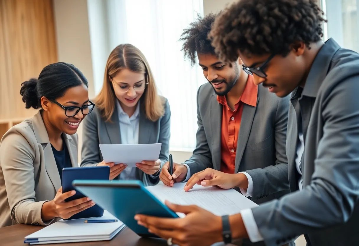 Diverse professionals collaborating on legal services for underrepresented communities.