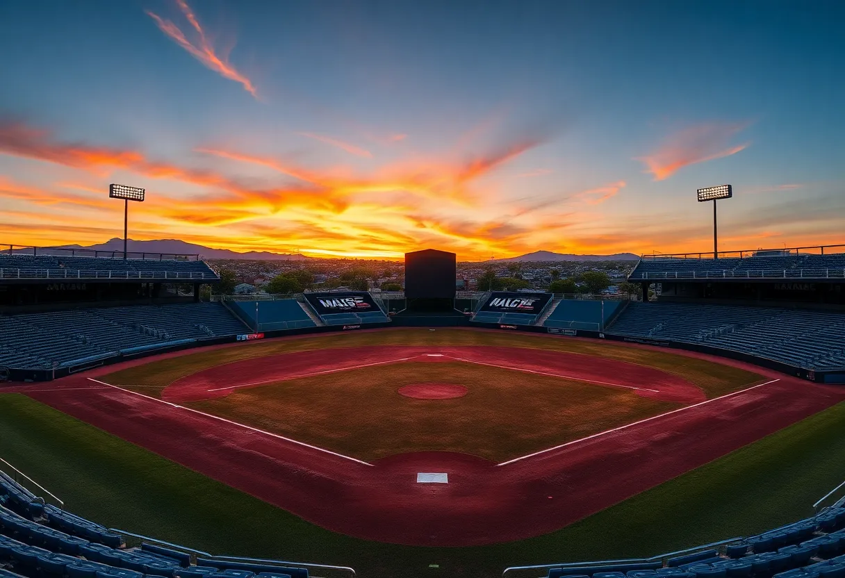 Empty Arizona baseball field at sunset