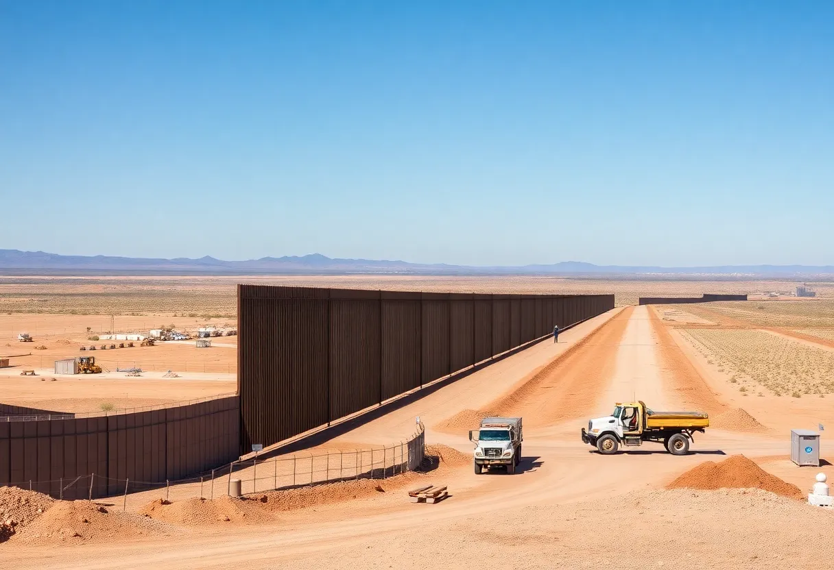 Construction of the border wall in Arizona with vehicles and barriers visible.