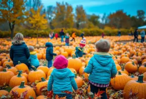 Families enjoying a pumpkin patch in Arizona during fall.